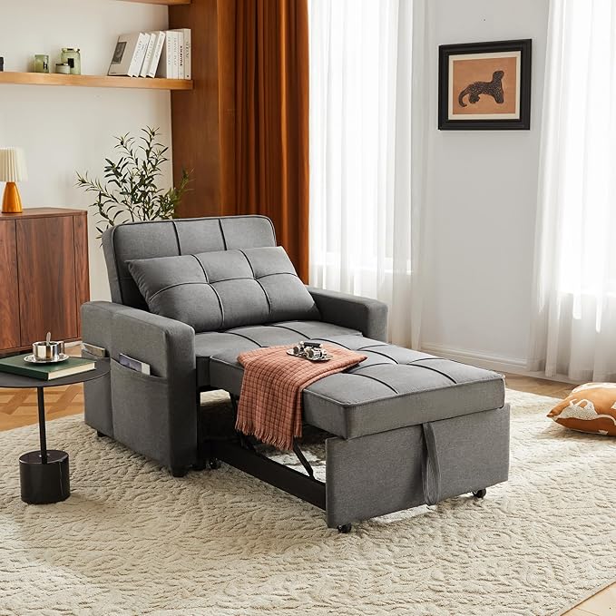 Sofa Bed Chair Convertible Sleeper Sofa with Pull-Out Bed 3-in-1 Futon Couch with Reclining Backrest and Side Pocket (Dark Grey 35.6‘)