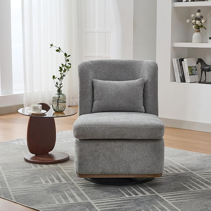 Modern Swivel Accent Chair 25.2 Wide Chenille Upholstered Armless Sofa Chair with Pillow 360° Swivel Reading Chair with Metal Base for Living Room Family Room Bedroom Lounge Area Office Grey