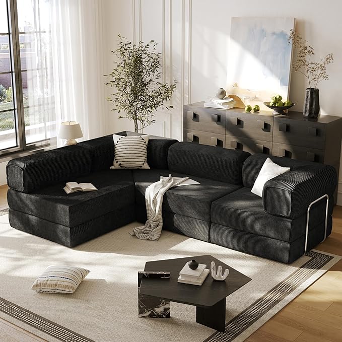 108 L Shaped Couch Modular Sectional Sofa with Chaise Cloud Boneless Couch with Deep Seat &amp Removable Pillow for Living Room BedroomNo Assembly Required（Black）