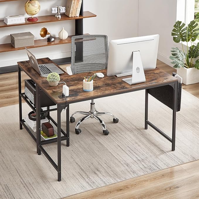 VECELO L Shaped Computer Desk 49 Inch Writing Study Corner Gaming Table with Storage Shelves and Side Bag for Home Office Workstation