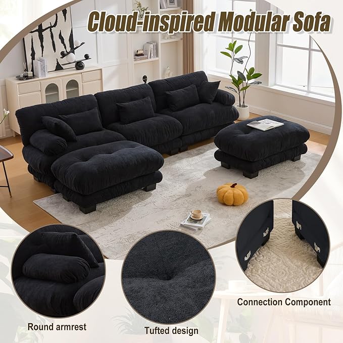 118 Oversized U Shaped Sectional Couch with 2 Ottomans Pelletized Velvet Cloud Couch with Bolster Armrest Pillows 3 Seater Comfy Sofa Modular Couches for Living Room (Black 118+2 Ottoman)
