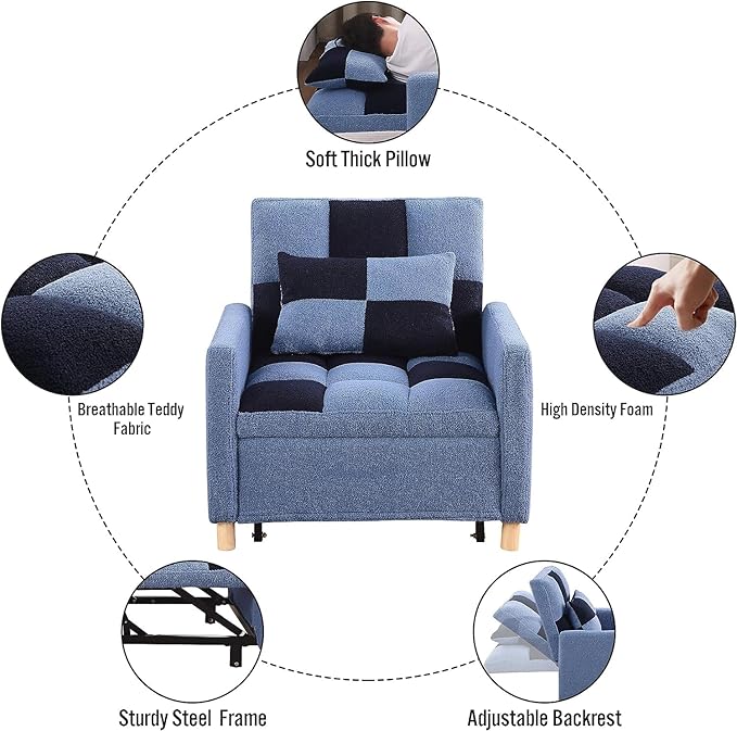 Convertible Sleeper Sofa Chair Bed3-in-1 Sleeper Chair Bed with PillowPull Out Single Armchair Sofa Bed with Adjustable Backrest Multi-Functiona Lounge Chair for Living Room (Blue)