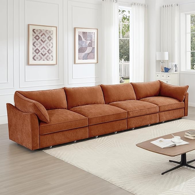 Aoowow Modular Sectional Sofa with Pullout Storage Seat 146.4” Chenille Comfy 4-Seat Sofa Couch Upholstered Deep Seat Couches with Armrests for Living Room Apartment OfficeOrange