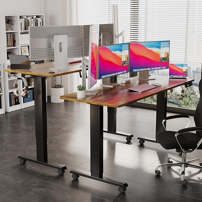 Shahoo Electric Standing Desk 60 Inch Ergonomic Height Adjustable Table with T-Shaped Metal Bracket Modern Computer Workstations for Home Office Rustic Brown 60 x 24 Inch