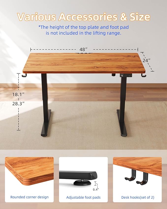 YIHAYO One-Piece Low Height Adjustable Desk Lifts 18.1-28.3 Inches Electric Standing Desk for Short People 48 x 24 Inches Computer Table with Splice Board for Home Office Rustic Brown