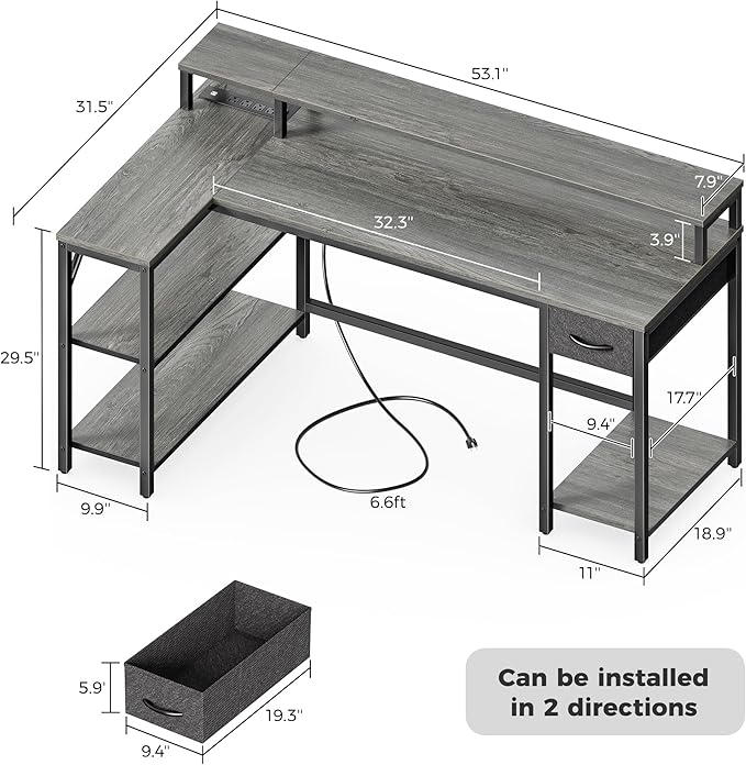 SUPERJARE 53 inch Reversible L Shaped Desk with LED Lights &amp Power Outlets Computer Desk with Shelves &amp Monitor Stand Gaming Desk with Drawer Home Office Desk Corner Desk Grey