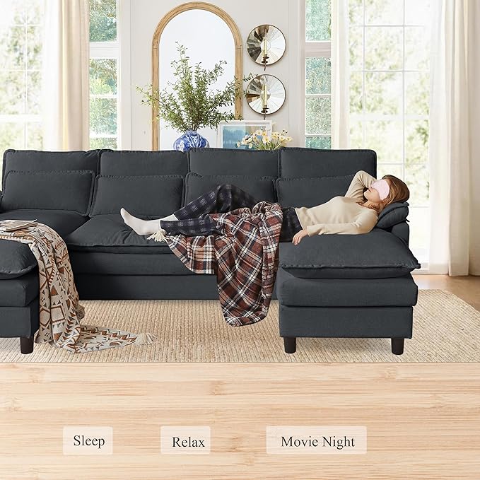 105 U Shaped Cloud Couch Sectional 4 Seat Home Sofa Living Room Comfy Couches with Storage Ottoman Double Layer Cushion Modular Sofas for Bedroom Apartment and Office Dark Grey