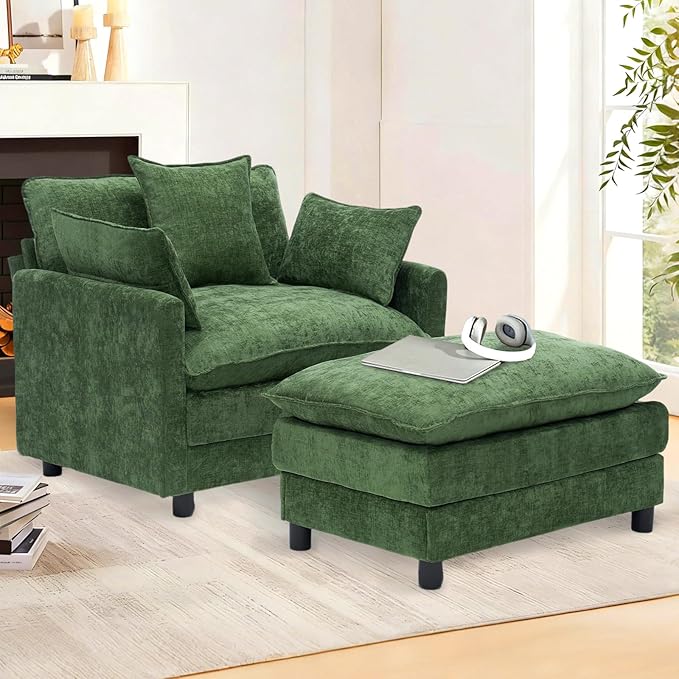 cinkehome Oversized Accent Chair with Ottoman Comfy Upholstered Armchair with Deep Seat Overstuffed Lounge Chair for Living Room Reading Nook (Green Chenille)