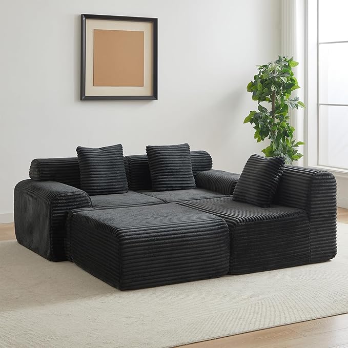114-inch Oversized Modular Sectional Sofa Fluffy Boneless Compressed Memory Foam Corduroy Couch Comfy Modern L Shaped Couches with Ottoman &amp Pillows for Living Room Apartment Bedroom Black