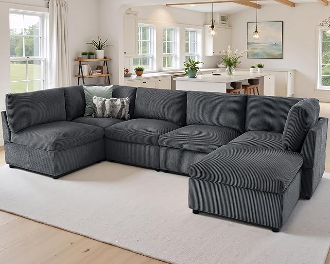Jocisland Oversized Modular Sectional Sofa with 32 Deep Seat 6 Seater Sectional Couch Modular Sofa for Living Rooms Tool-Free Assembly Flexible Modular Couch Layout-Corduroy Gray