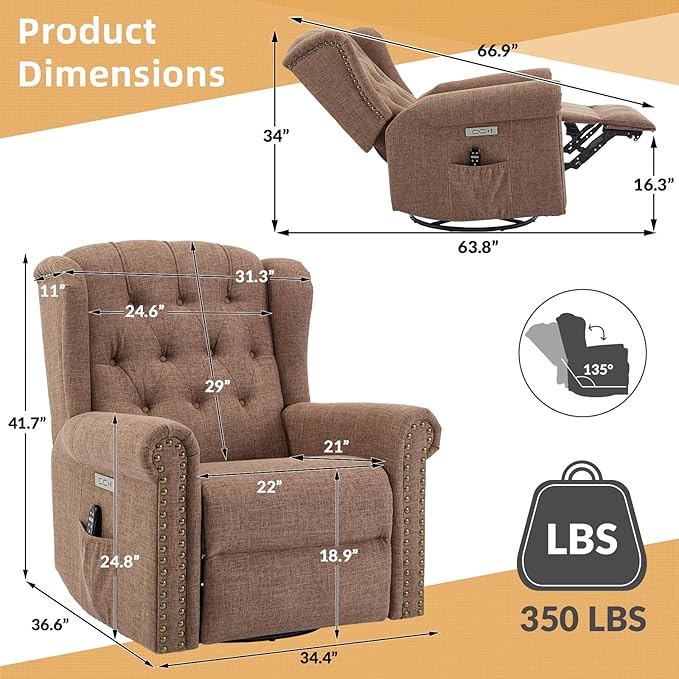 Power Swivel Rocking Glider Recliner Chair Electric Nursery Reclining Sofa Chair with Heat and Massage Wingback Tufted Upholstered Recliner for Living Room USB and Type-C Ports Brown