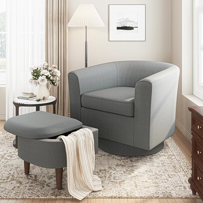 COLAMY Upholstered Swivel Barrel Accent Chair with Ottoman Modern Single Sofa Lounge Armchair Club Chair with Storage Space for Living Room Bedroom OfficeDark Grey