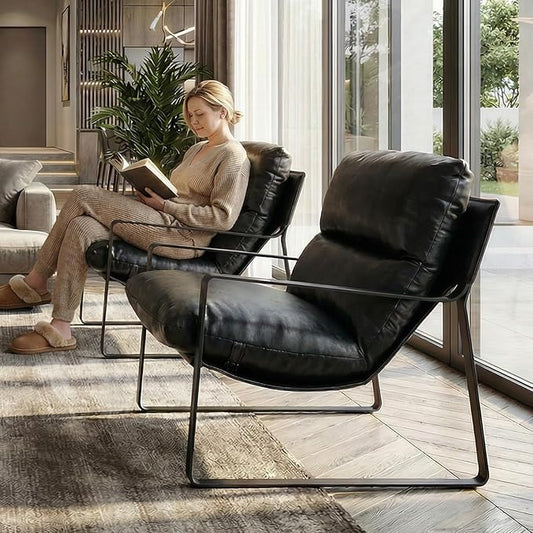 DUOMAY Mid-Century Accent Chair Armchair Set of 2 Comfy PU Leather Leisure Chair Lazy Chair with Metal Leg for Living Room Bedroom Office Apartment Black