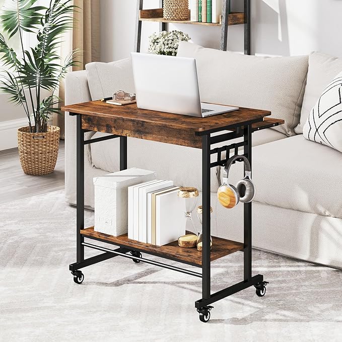 Tangkula Rolling Computer Desk Cart with Keyboard Tray Mobile Portable Laptop PC Desk with CPU Stand &amp 3 Hooks for Sofa &amp Bed Industrial Small Desk on Wheels for Small Spaces Home Office De