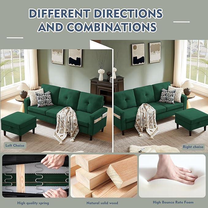 79 Convertible Sectional Sofa Small L Shaped 3 Seat Couch with Storage Chaise and Side Pocket Modern Linen Fabric Reversible Sofa Couches for Living Room Apartment and Small Space