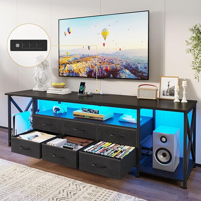 BTHFST TV Stand with LED Lights &amp Power Outlets for TVs up to 80 Inches 6 Fabric Drawers Entertainment Center with Open Storage Shelves 63 TV Media Console Table for Living Room Bedroom Blac