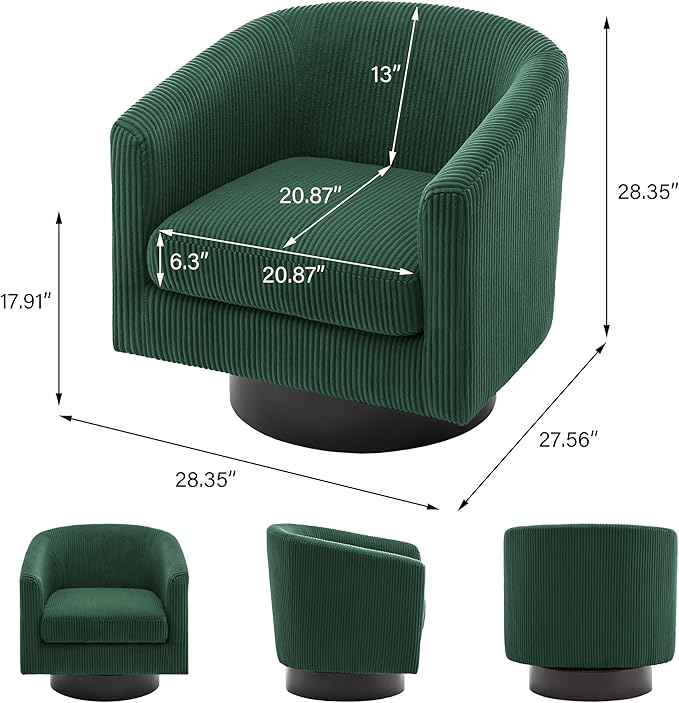 Lumibee Swivel Accent Barrel Chairs Set of 2 Upholstered Comfy Swivel Round Barrel Chair 360° Rotation Single Sofa Club Armchair for Living Room Reading Room Bedroom Corduroy Dark Green