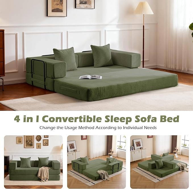 4 in 1 Convertible Sleeper Sofa Bed78’’ Compression Folding Sofa Bed with Pillows &amp Side Pockets Fold Out Floor Couch Boneless Couch for Living RoomBedroomGreen