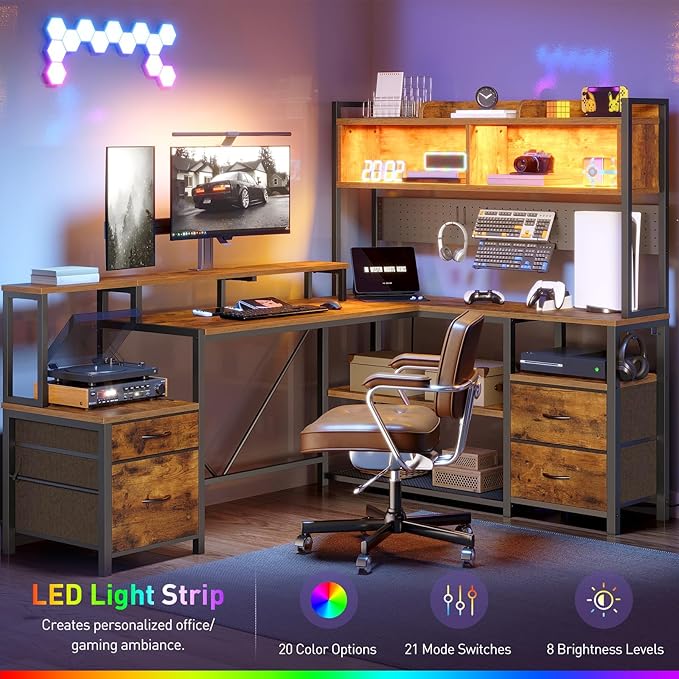 75inch L Shaped Computer Desk with Drawers Large Gaming Desk with LED Light &amp Power Outlets Corner Computer Desk with Storage Shelves &amp Monitor Stand for Home OfficeRustic Brown and Black