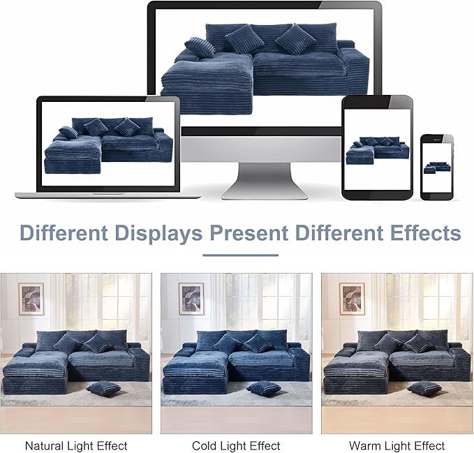 98.8 Cloud L Shape Sectional Couch with Deep Seat Modern Boneless Compressed Sofa with Chaise 4 Seat Corduroy Couches for Living Room Bedroom No Assembly Required (Blue)