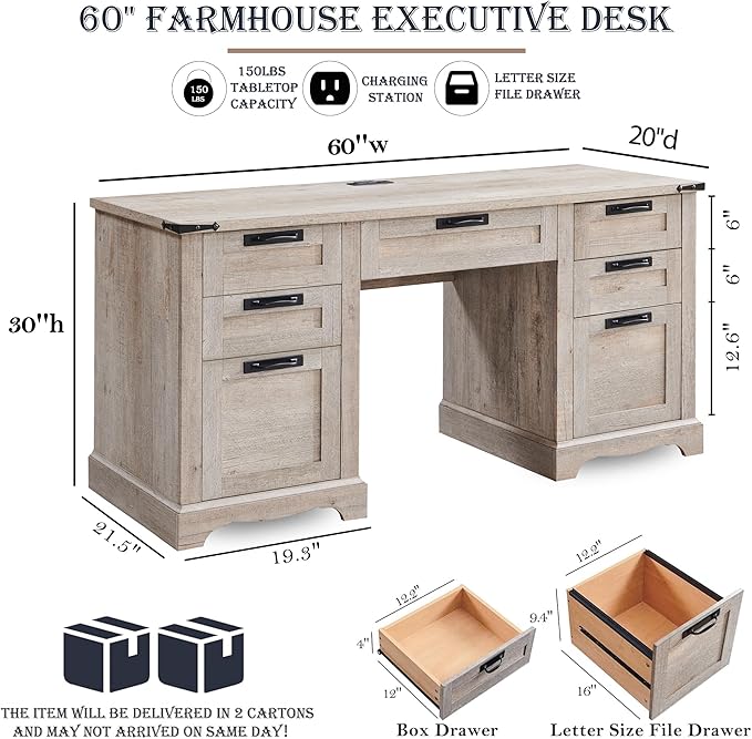 RedLemon 60 Farmhouse Executive Desk Home Office Desk with Drawers Charging Station Keyboard Tray File Drawer Storage Cabinet Wood Rustic Computer Writing Desk (Light Rustic Oak)