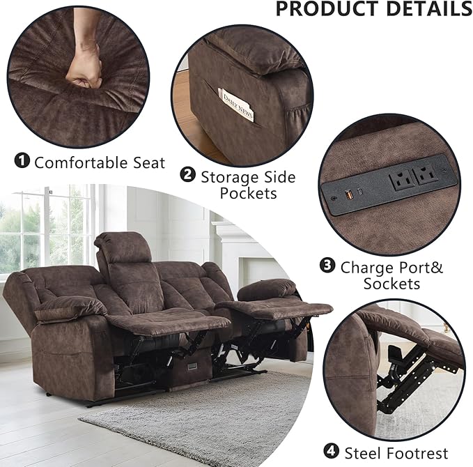 Loveseat Recliner Sofa Velvet Loveseat Reclining with Console for Living Room RV Recliner Couch with Cup Holder/AC/USB C/USB and Drawer Manual Reclining Love seat Couch (Brown)