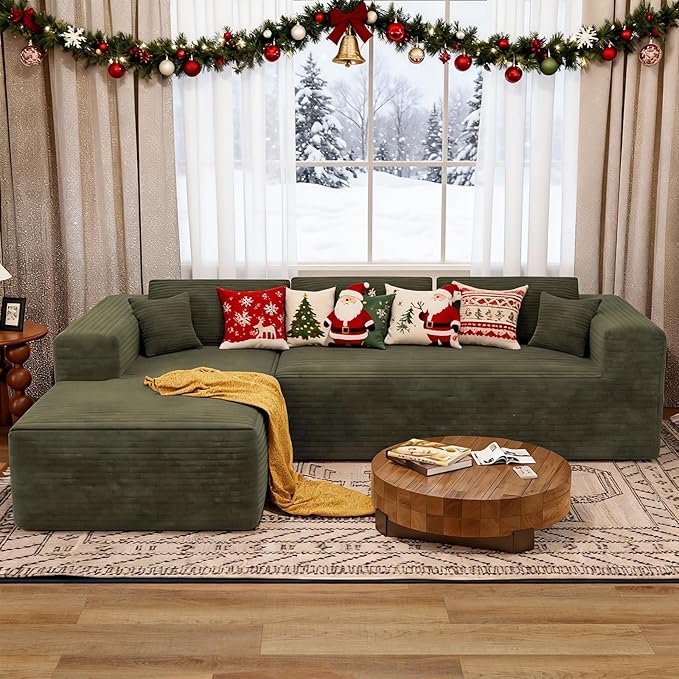 108 Cloud Sectional Couch with L-Shape ChaiseModern Corduroy Boneless Sofa with Deep SeatWide Armrest High Rebound Living Room Sectional CouchNo Assembly Required (Left ChaiseGreen)