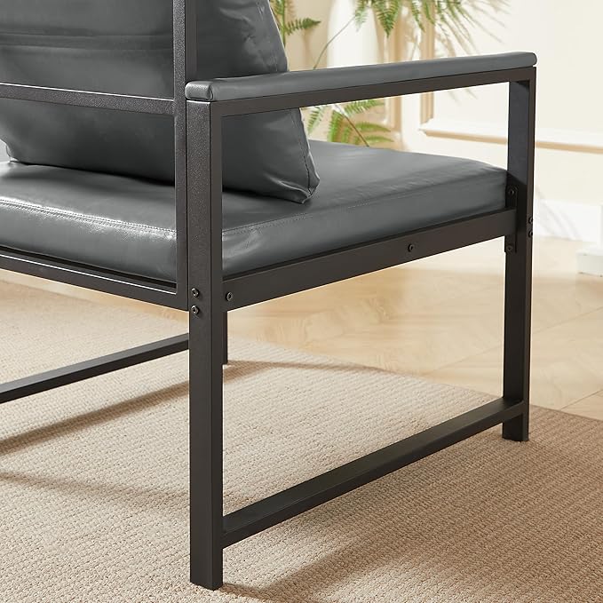 PVC Artificial Leather Armchair Retro Leisure Accent Chair with Extra Soft Padded Cushion Metal Armrests Modern Reading Arm Chair with Black Metal e for Living RoomOfficeBedroomStudy Gray