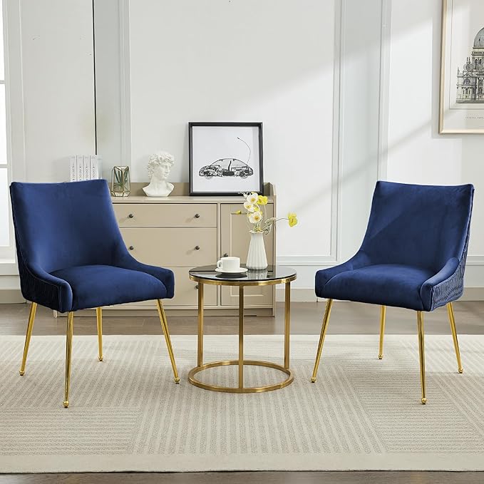 Velvet Dining Chairs Set of 4 Gold LegsUpholstered Velvet Accent Chairs Pleated Back Design &amp Gold Pull Handle Mid Century Modern Chairs for Dining/Kitchen/Living RoomBlue