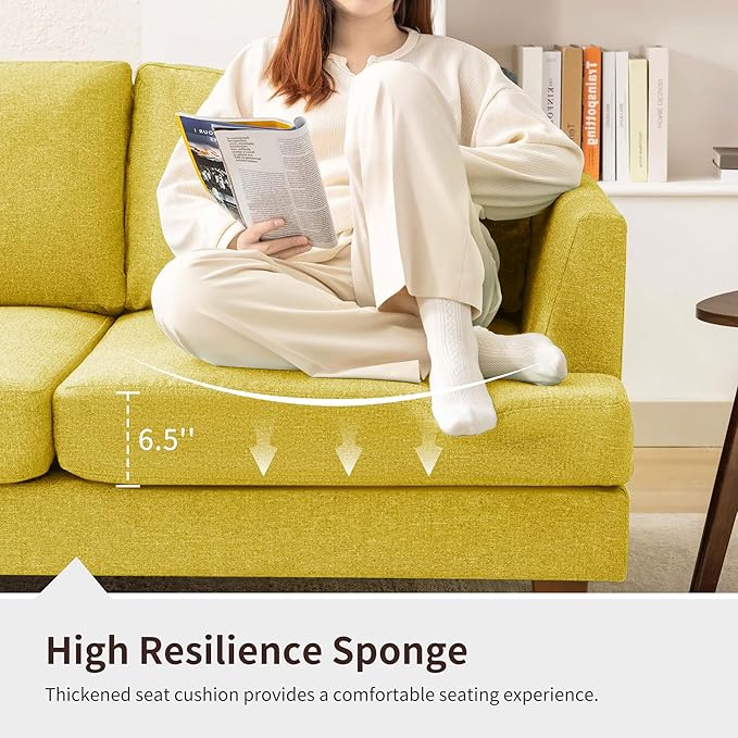 89 3-Seater Sofa Deep Seat Sofa with Comfy Cushion Mid Century Modern Couches for Living Room Upholstered Comfy Sofa Couch for Bedroom Apartment Yellow
