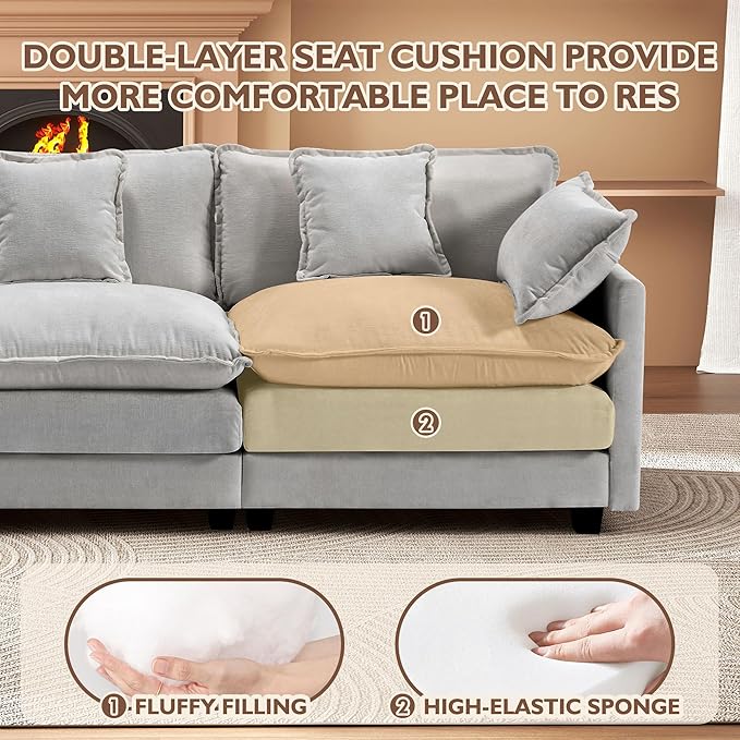 111.4” Modular Sectional Sofa U Shape Cloud Couch with 2 Movable Ottoman Comfy Chenille Deep Seat Sofa with Soft Pillows for Living Room Apartment （Grey）
