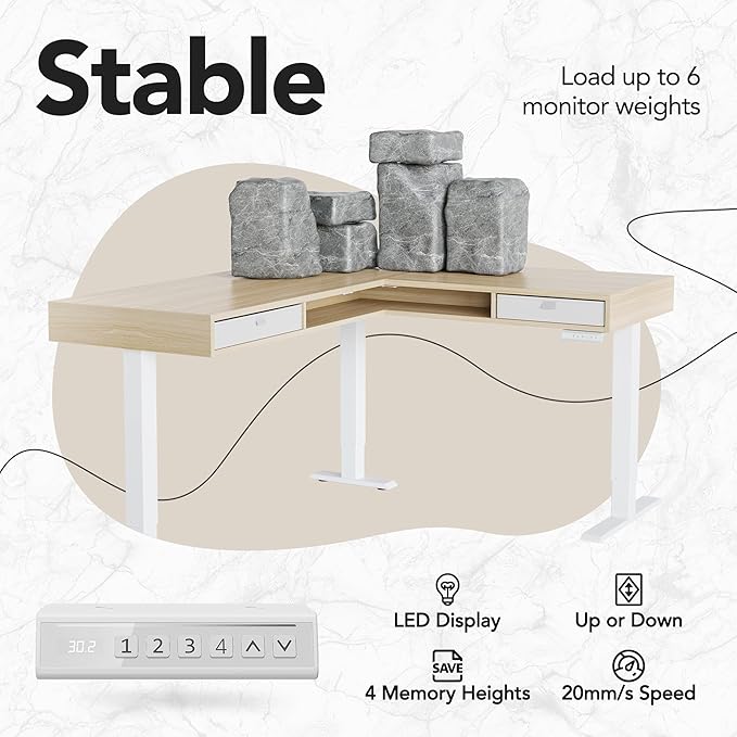 HUANUO U-Shaped Electric Standing Desk with Storage Drawers Adjustable Height Ergonomic Gaming Desk Large Sit Stand Up Desk with Power Strip Tray &amp Cable Grommets for Home Office Light Walnut