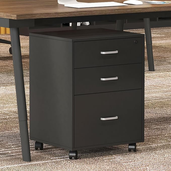 Need 3 Drawer Wood Mobile File Cabinet with LockRolling Filing Cabinet for Letter/A4 Size for Home Office Black