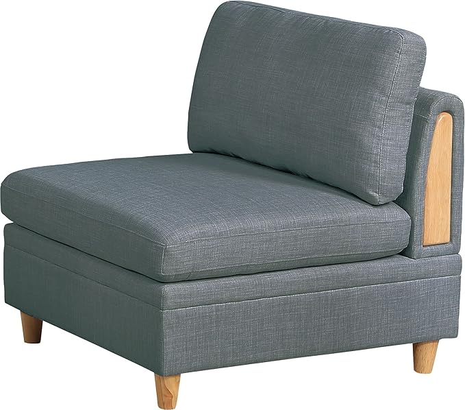 Living Room Seating Set: Contemporary Armless Chair in Steel Color Fabric - 1 Piece - Wooden Deco Base