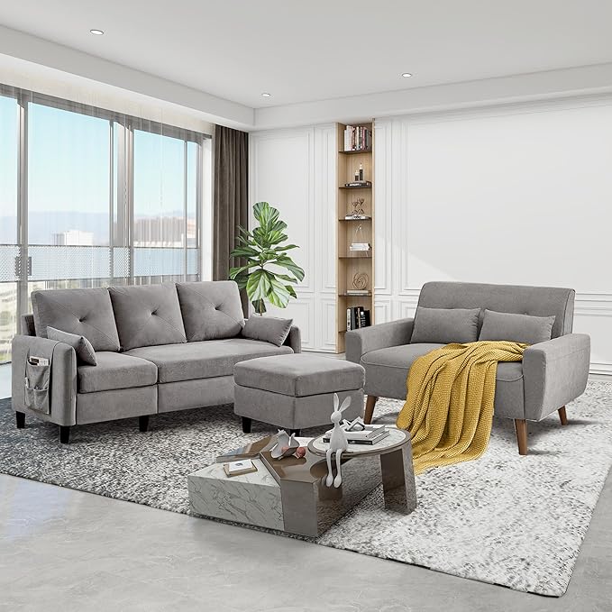 Convertible Sectional Sofa Set 77 Small L Shaped 3 Seat Couch with Ottoman and 48 Loveseat Modern Sofa Couches for Living Room Light Grey