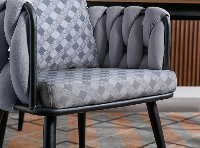 Generic Grey Modern Velvet Dining Chairs Set of 2 Hand Weaving Accent Chairs Living Room Chairs Upholstered Side Chair with Black Metal Legs for Dining Room Kitchen Vanity Living Room