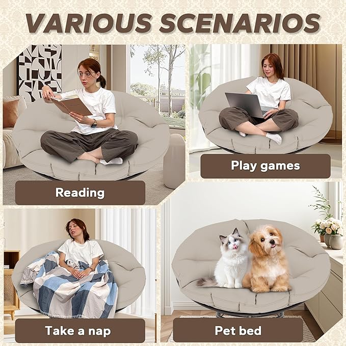 46'' Large Size Papasan Chair (Non-Swivel) with Cushion and Frame Lazy Circle Round Chair for Bedroom and Living Room Beige
