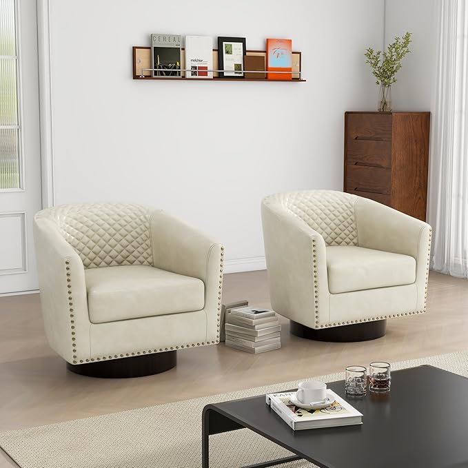 Swivel Barrel Accent Chair Comfy Modern Upholstered Round Faux Leather Arm Chair for Living Room Bedroom（Beige Set of 2