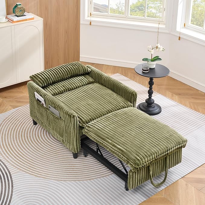 Modern Corduroy Fabric Sofa Bed Futon3 in 1 Convertible Pullout Bed Sleeper Couches with 3 Reclining BackrestsSmall Sofa Chair Bed for Living Room Bedroom (Green)