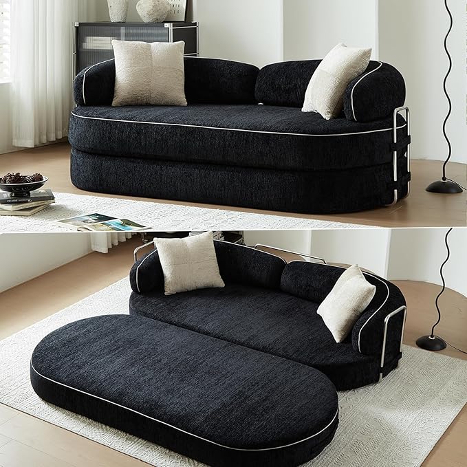 Convertible Sofa Bed with Fixed-Shape Frame 4-in-1 Combination Folding Pull Out Couch Futon Couch in a Box Modular Floor Sleeper Sofa Bed for Living Room Bedroom (2 Pillows Black) ﻿