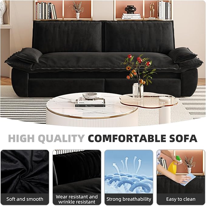 3 in 1 Convertible Queen Sleeper Sofa Bed Comfy Pull Out Futon Couch Bed 73.2 Modern Velvet Recliner Loveseat Sofa Multi-Functional Black Cloud Couch for Living RoomApartmentOffice (Black 73.2)