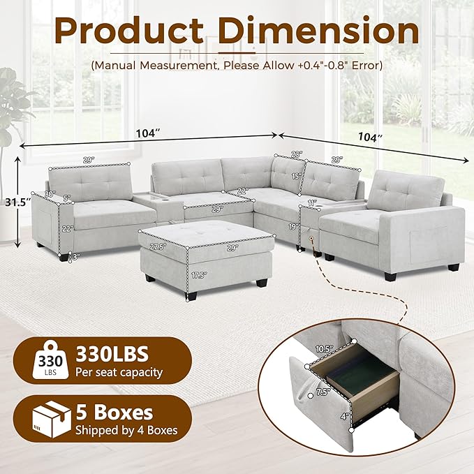 104'' Modular Sectional Sofa with 2 Tech Consoles Oversized U Shaped Couch Set with USB Charger Storage Movable Ottoman Chenille Large Sectional Couches for Living Room (Beige)