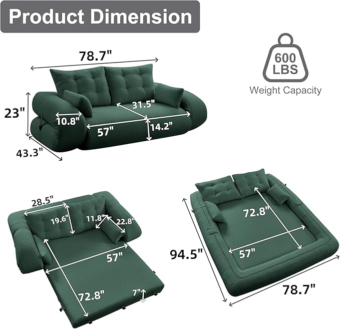78.7 Folding Sofa Bed Queen Foldable Floor Futon Sofa Sleeper Convertible Boneless Mattress Loveseat Cloud Couch for Home Living Room Bedroom Lounge Apartment and Small Spaces Green Teddy