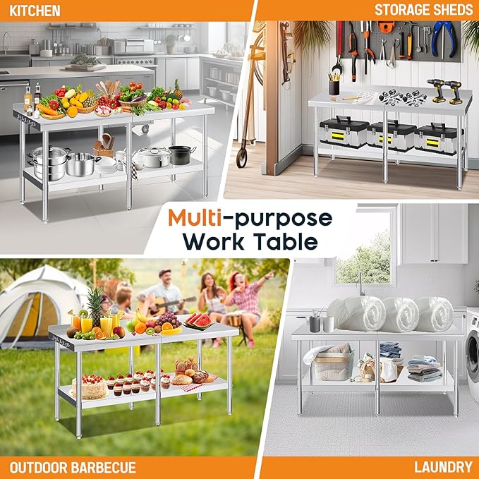 Jocisland 30 x 72 Stainless Steel Table for Prep &amp Work NSF Certified with Backsplash Adjustable Under Shelf &amp Safe Design for Restaurant Home and Outdoor