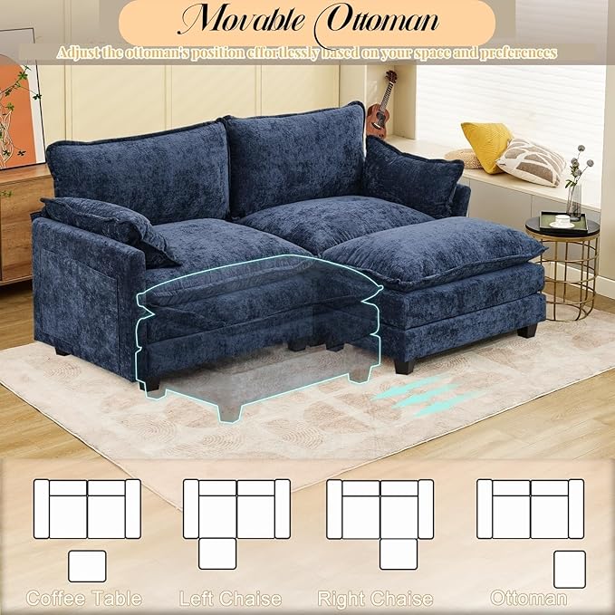 Modular Sectional Cloud Couch 2 Seat Convertible Sectional Couches Sofa with Ottoman Convertible L-Shape Cloud Sectionals Couches for Living Room Apartment Blue