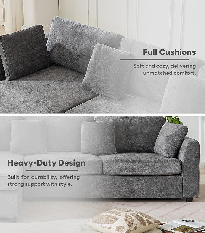 Tbfit L Shaped Couch Oversized 108 Modular Sectional Sofa with Convertible Chaise Comfy 4 Pillows Sofa for Living Room Gray