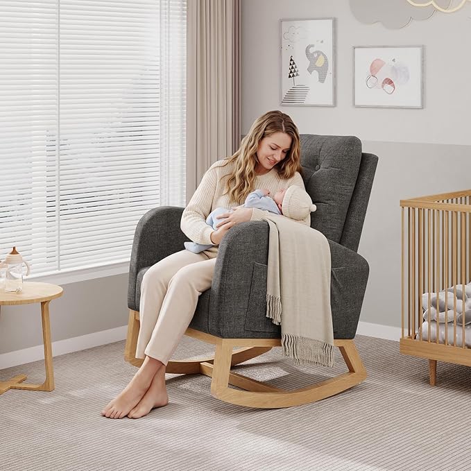 GarveeHome Nursery Rocking Chair Linen Fabric Upholstery Sturdy Wooden Legs &amp High Backrest Comfortable Glider Rocking Chair for Living Room or Bedroom Dark Grey