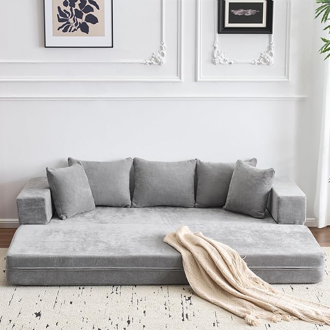 MELLCOM 79 Convertible Folding Sofa Bed Queen Sleeper Sofa Couch with Armrest and Pillows Chenille Fold Out Floor Chaise Lounge Comfy Foldable Futon Mattress for Living Room Bedroom (Grey 7.87)