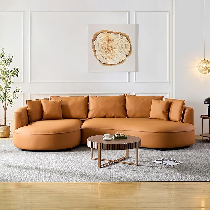 124.8 Round Bonded Curved Couch Leather Sectional Sofa for Living Room Apartment Office Orange Modern 5 Seater Oversized Cloud Sofa with Chaise Lounge Comfy Furniture Left Facing