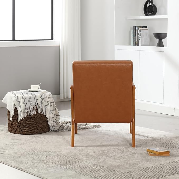 Modern Accent Chair Solid Wood Padding Lounge Armchairs with One Pillow for Living Room Bedroom Guest Room (Light Brown PU)